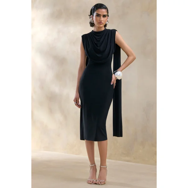 Lysandria | Robe mi-longue noire à col montant avec détails drapés