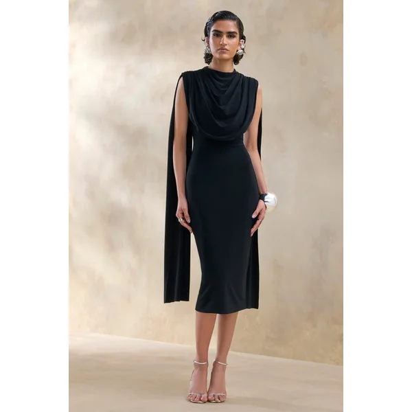 Lysandria | Robe mi-longue noire à col montant avec détails drapés