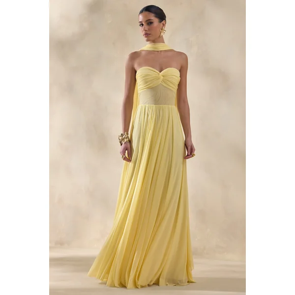Lyvoria | Robe longue citron bandeau avec détail en maille et écharpe