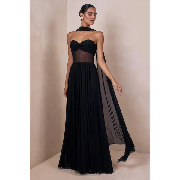 Lyvoria | Robe longue noire bandeau avec détails en mesh et écharpe