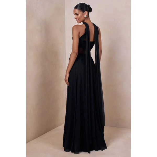 Lyvoria | Robe longue noire bandeau avec détails en mesh et écharpe