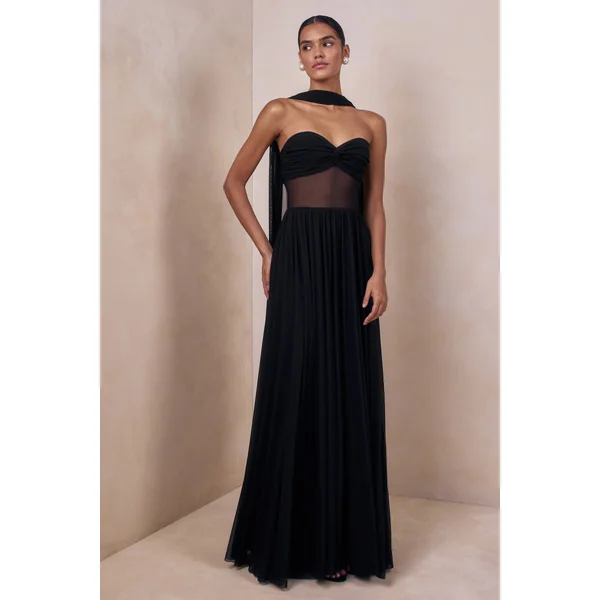 Lyvoria | Robe longue noire bandeau avec détails en mesh et écharpe