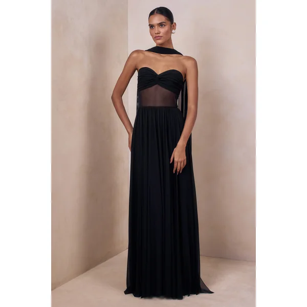 Lyvoria | Robe longue noire bandeau avec détails en mesh et écharpe