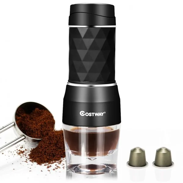 Machine à Expresso Portable et Manuelle 2 en 1 pour Capsules et Café Soluble Tasse de 150ml, 7,2x7,2x20cm, Noir
