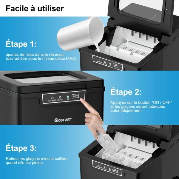 Machine à Glaçons 12KG/24H Portable 9 Glaçons par 8 Min avec Réservoir 1,85L Affichage-LCD 105W