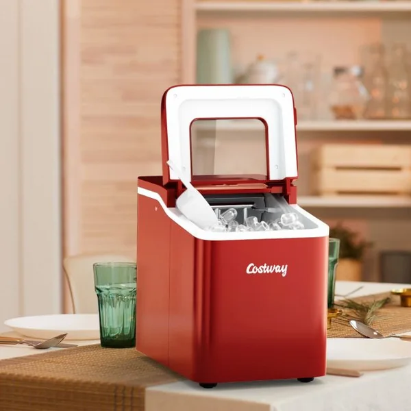 Machine à Glaçons 12KG /24H Portable 9 Glaçons par 8 Min avec Réservoir 1,6L Auto-Nettoyage Affichage-LCD 120W Rouge