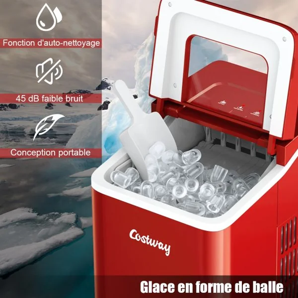 Machine à Glaçons 12KG /24H Portable 9 Glaçons par 8 Min avec Réservoir 1,6L Auto-Nettoyage Affichage-LCD 120W Rouge