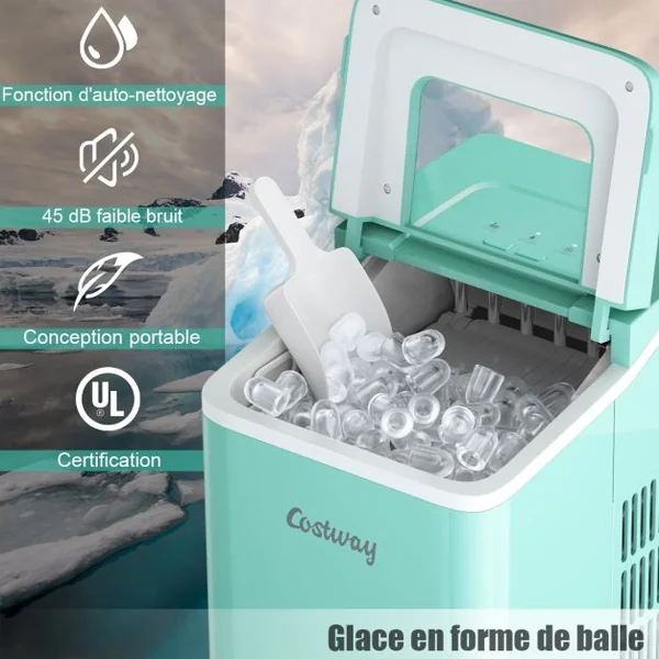 Machine à Glaçons 12KG /24H Portable 9 Glaçons par 8 Min avec Réservoir 1,6L Auto-Nettoyage Affichage-LCD 120W Vert