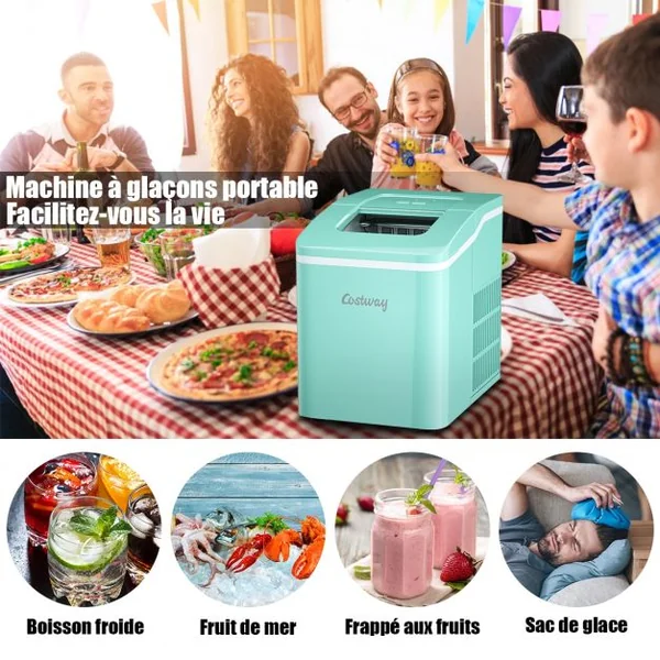 Machine à Glaçons 12KG /24H Portable 9 Glaçons par 8 Min avec Réservoir 1,6L Auto-Nettoyage Affichage-LCD 120W Vert