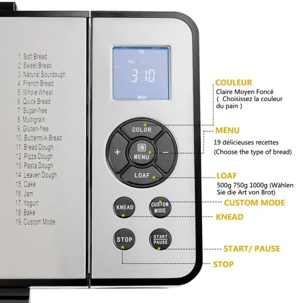 Machine à Pain 19 Programmes Inox 500g-1kg Puissance 650W Avec Minuteur Programmable Argenté