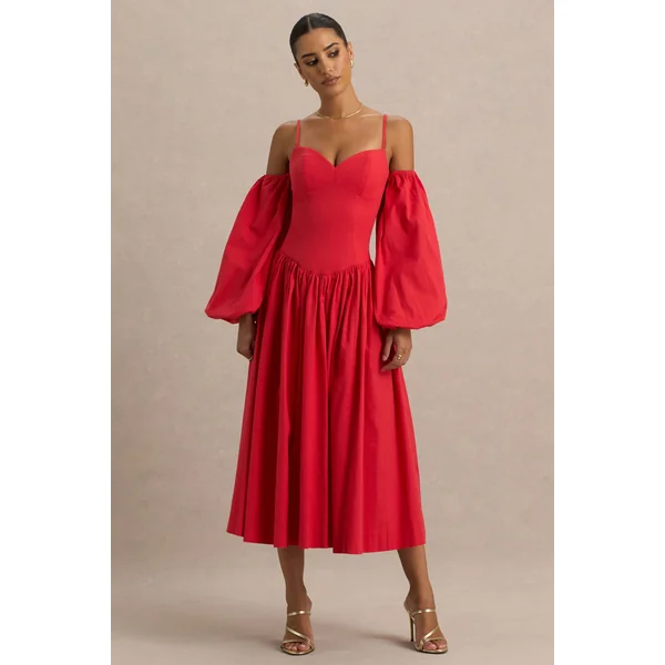 Macie | Robe Mi-Longue Rouge à Décolleté Coeur avec Manches Ballon