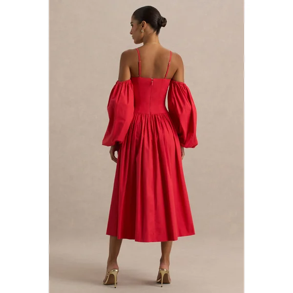 Macie | Robe Mi-Longue Rouge à Décolleté Coeur avec Manches Ballon