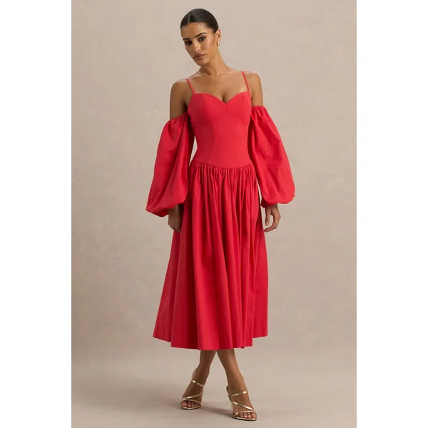 Macie | Robe Mi-Longue Rouge à Décolleté Coeur avec Manches Ballon