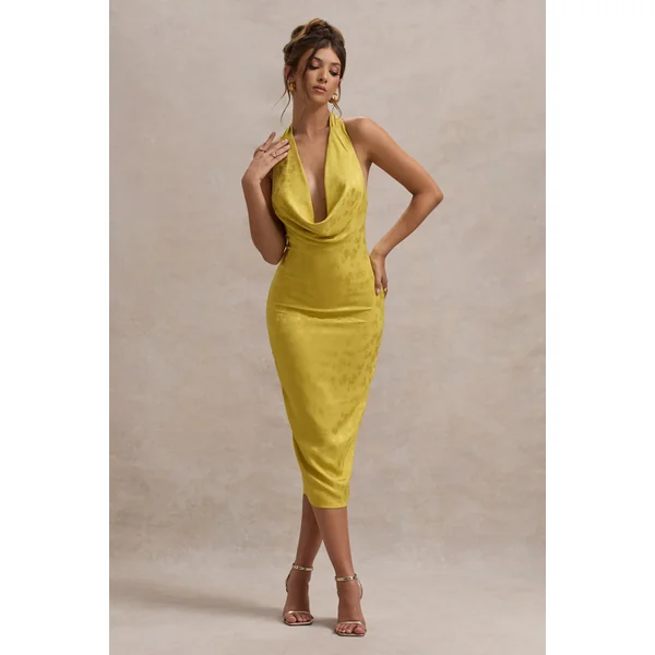 Maciza | Robe mi-longue en jacquard satin moutarde à col bénitier