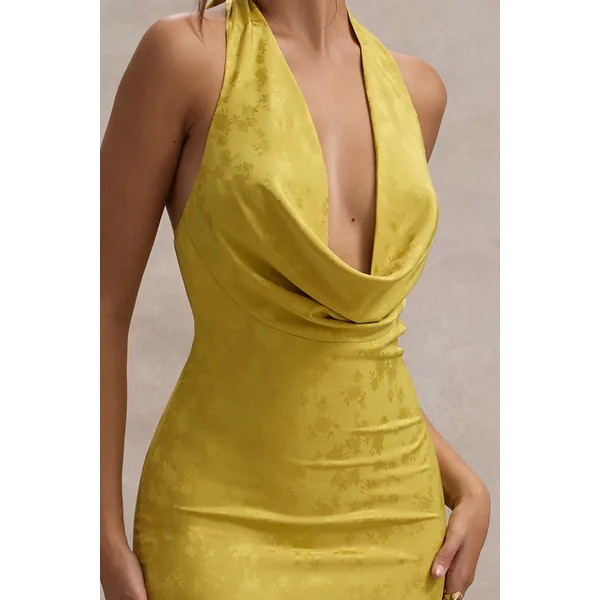 Maciza | Robe mi-longue en jacquard satin moutarde à col bénitier