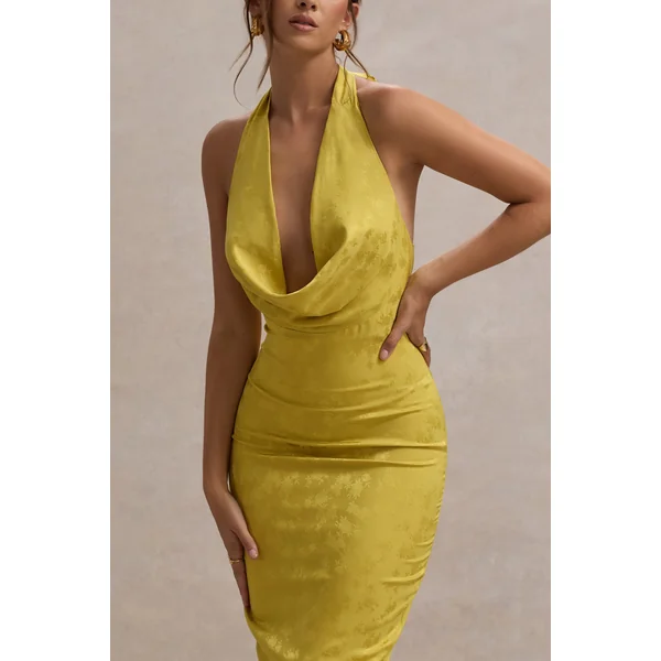 Maciza | Robe mi-longue en jacquard satin moutarde à col bénitier
