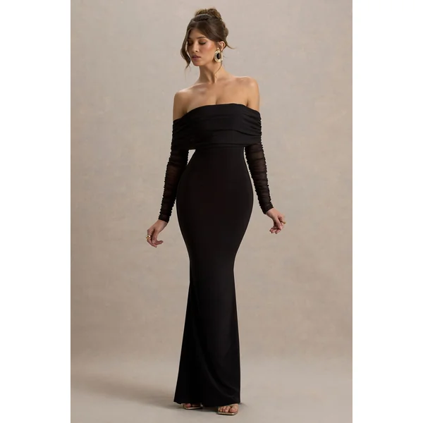 Madeleine | Robe longue noire avec manches longues en maille bardot