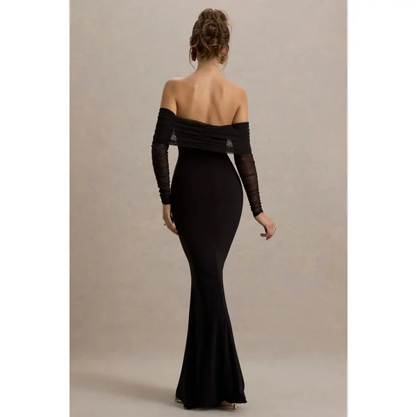 Madeleine | Robe longue noire avec manches longues en maille bardot