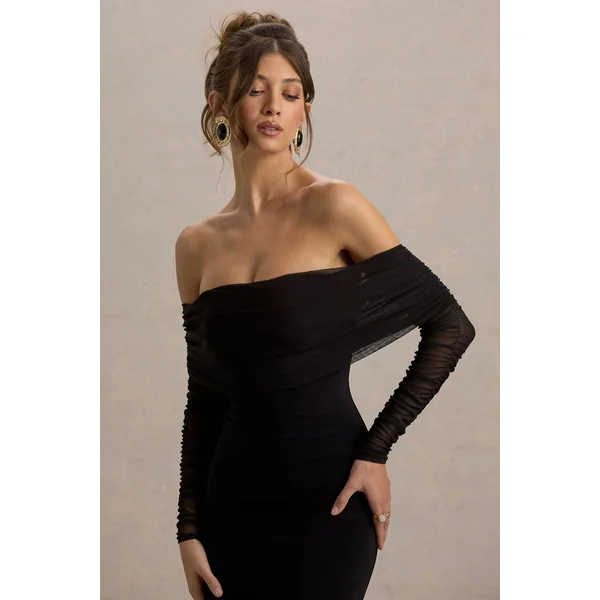 Madeleine | Robe longue noire avec manches longues en maille bardot