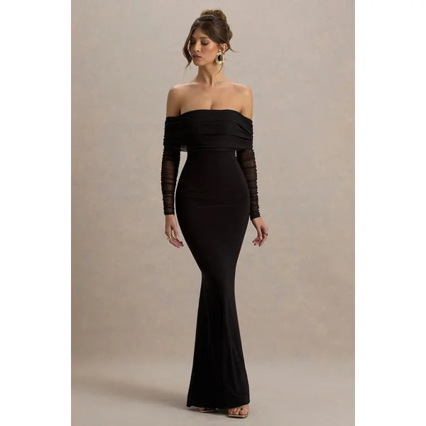 Madeleine | Robe longue noire avec manches longues en maille bardot