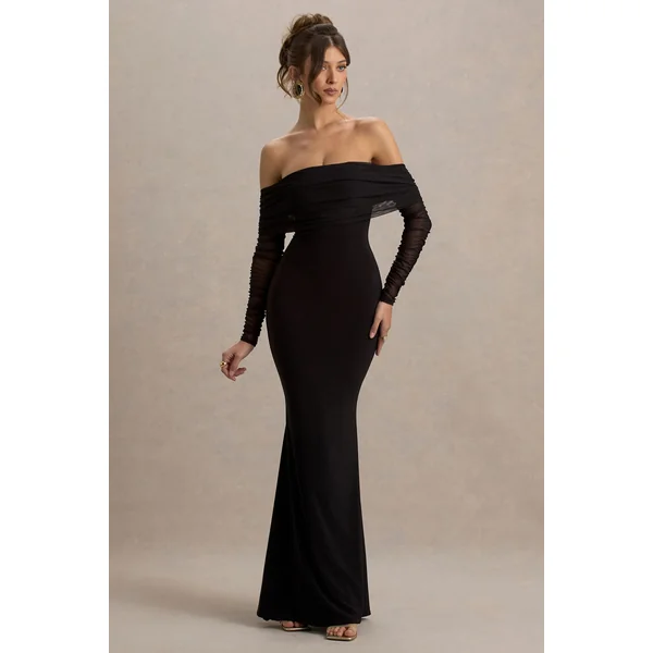 Madeleine | Robe longue noire avec manches longues en maille bardot