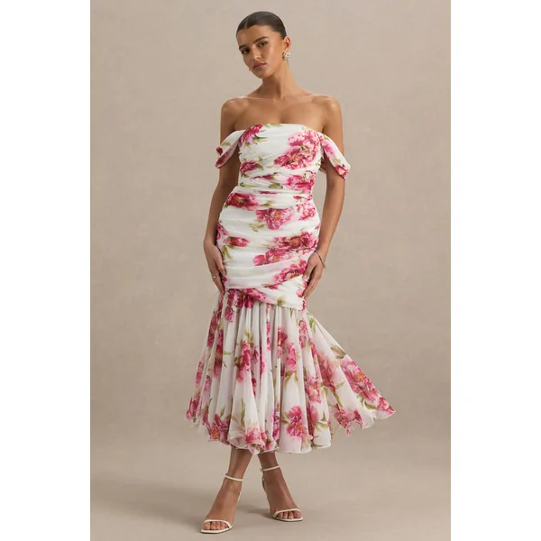 Madelyn | Robe longue crème à imprimé floral avec manches courtes bardot et détails froncés