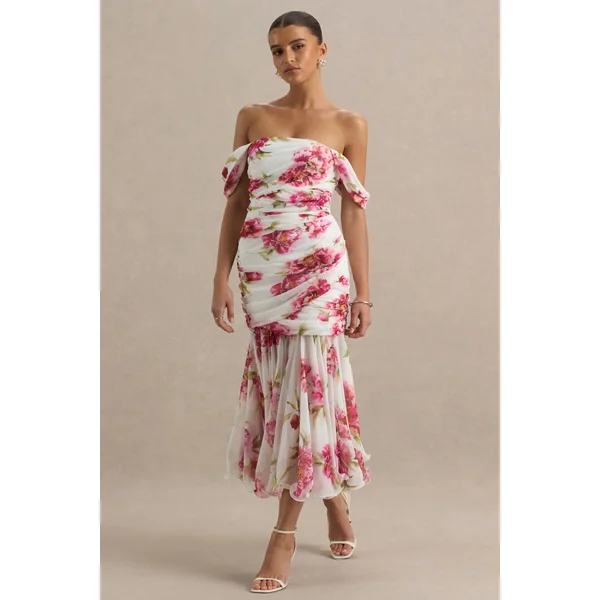 Madelyn | Robe longue crème à imprimé floral avec manches courtes bardot et détails froncés