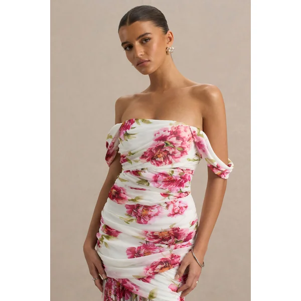 Madelyn | Robe longue crème à imprimé floral avec manches courtes bardot et détails froncés