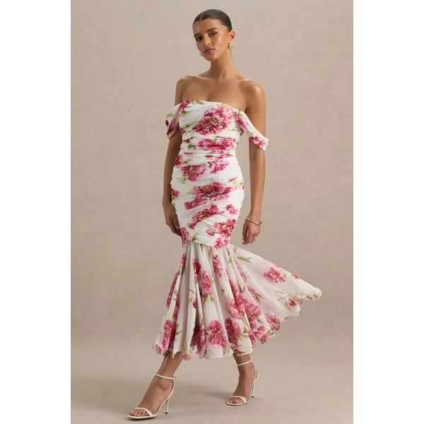 Madelyn | Robe longue crème à imprimé floral avec manches courtes bardot et détails froncés