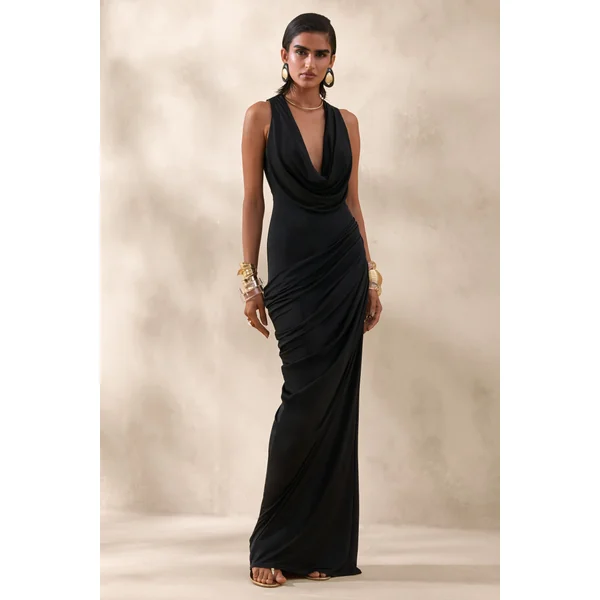 Mademoiselle | Robe longue noire à encolure drapée avec détails drapés