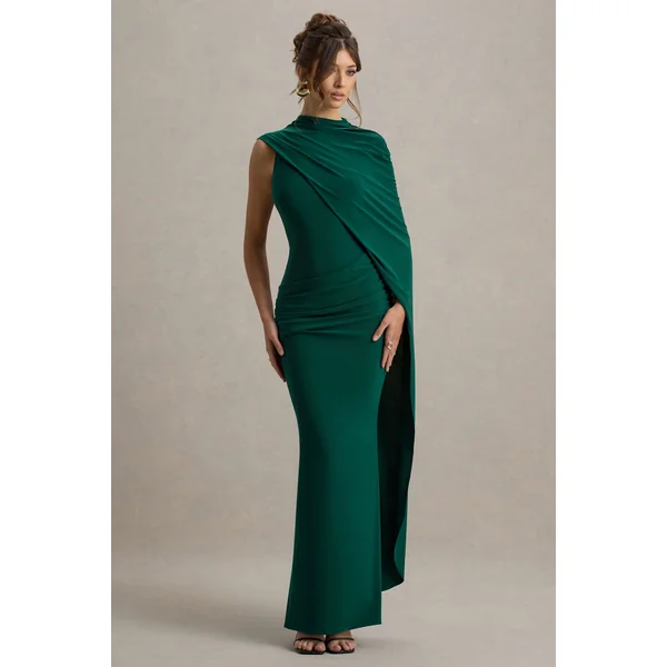 Maeve | Robe Longue Drapée Vert Bouteille à Manches Cape