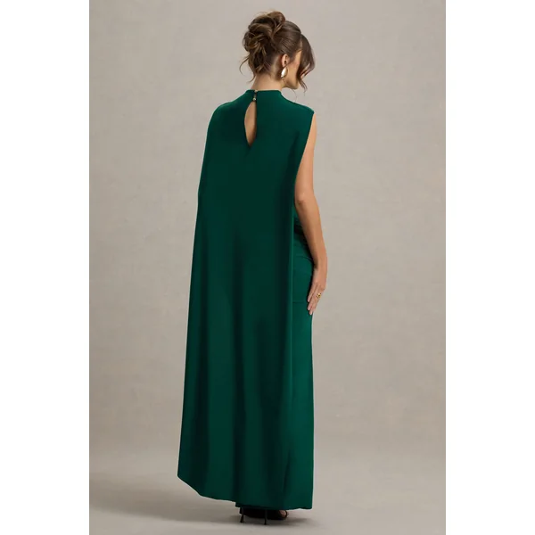 Maeve | Robe Longue Drapée Vert Bouteille à Manches Cape