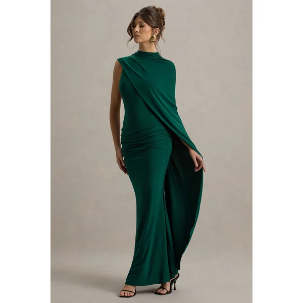 Maeve | Robe Longue Drapée Vert Bouteille à Manches Cape