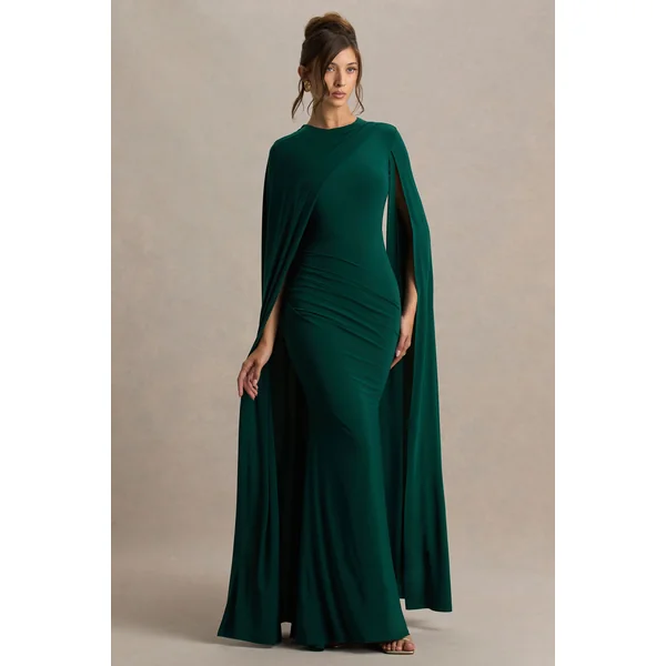 Magdelena | Robe longue vert bouteille asymétrique avec cape