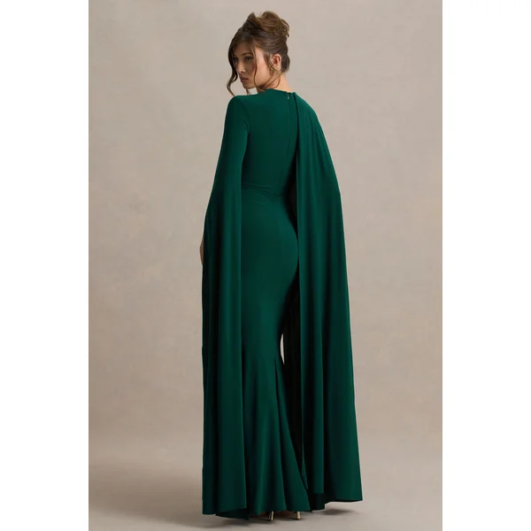 Magdelena | Robe longue vert bouteille asymétrique avec cape