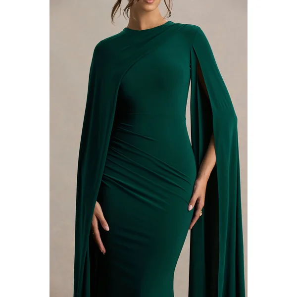 Magdelena | Robe longue vert bouteille asymétrique avec cape
