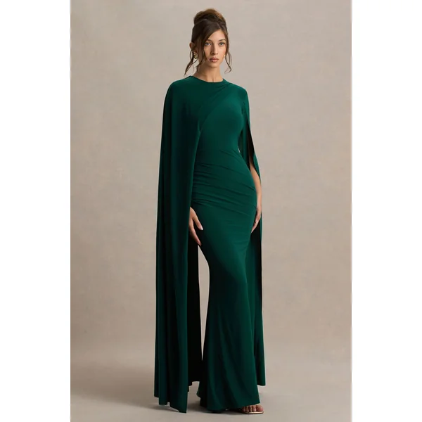 Magdelena | Robe longue vert bouteille asymétrique avec cape
