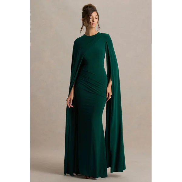 Magdelena | Robe longue vert bouteille asymétrique avec cape