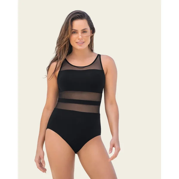 Maillot de bain une pièce amincissant à rayures en mesh