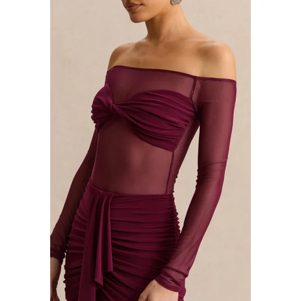 Maira | Body bordeaux en mesh à encolure Bardot