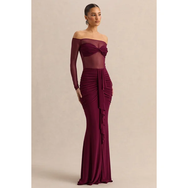 Maira | Body bordeaux en mesh à encolure Bardot