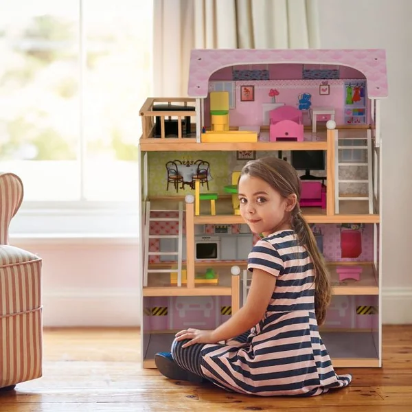 Maison de Poupée pour Enfants 3 Ans et Plus Maison de Poupée à 4 Étages avec Accessoires en Mdf 605x295x81cm Rose