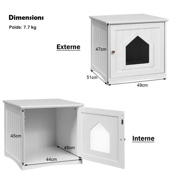 Maison pour Chat pour Salon Chambre Balcon Porte et Poignée pour l'Intérieur et l’Extérieur en Mdf 51x49x47cm Blanc