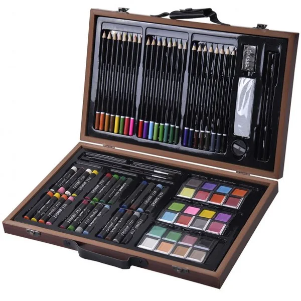 Malette à dessins et croquis Set crayon de couleur Set aquarelle Set crayon pastel à l'huile, en bois, 80 Pièces