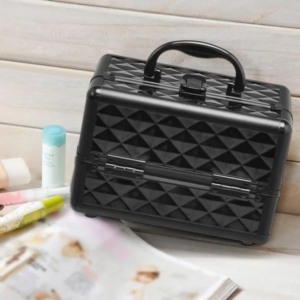Mallette de Maquillage Valise de Maquillage Coffret de Maquillage en ABS, 3 niveaux avec miroir, 23 x 15 x 15 cm, Noir