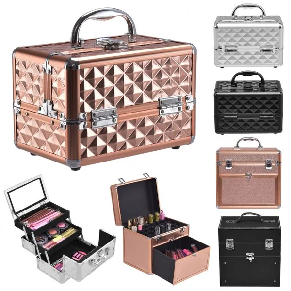 Mallette de Maquillage Valise de Maquillage Coffret de Maquillage en ABS, 3 niveaux avec miroir, 23 x 15 x 15 cm, Noir