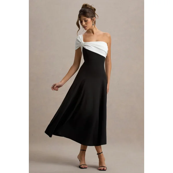 Malta | Robe Mi-Longue Noir et Blanc à Épaule Unique