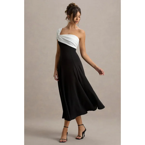 Malta | Robe Mi-Longue Noir et Blanc à Épaule Unique