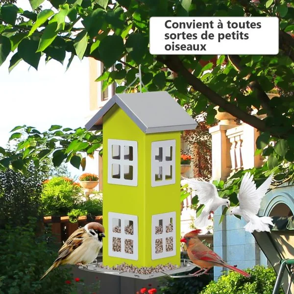 Mangeoire à Oiseaux Étanche en Forme de Maison Capacité 2L pour Jardin Vert