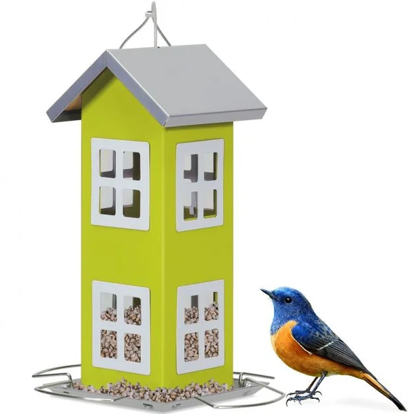 Mangeoire à Oiseaux Étanche en Forme de Maison Capacité 2L pour Jardin Vert